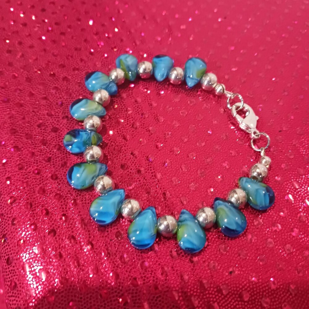 Hand Crafted Silver Tone Blue and Green Swirl Childs Bracelet